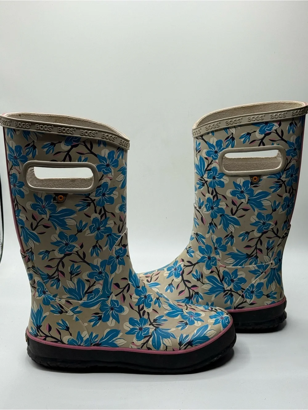 Bogs Beige Rain Boots with Blue Floral Print